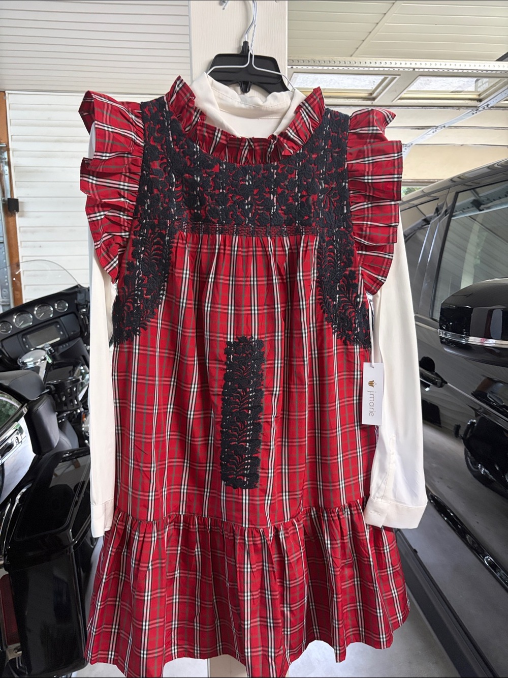 Women's Red Plaid Midi Dress with Black Lace Trim